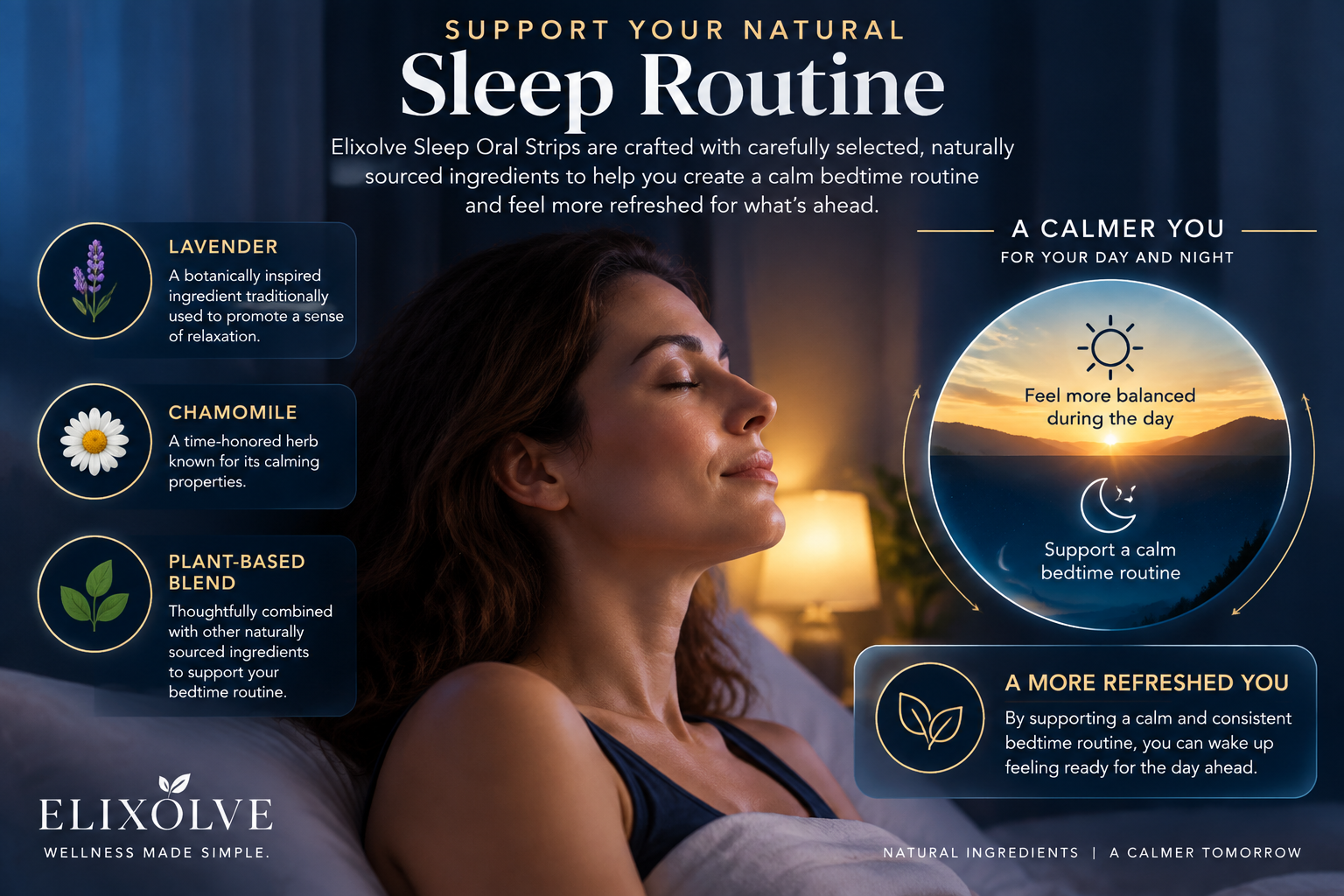 Support your natural sleep routine infographic with lavender, chamomile, plant-based blend, and day-night balance