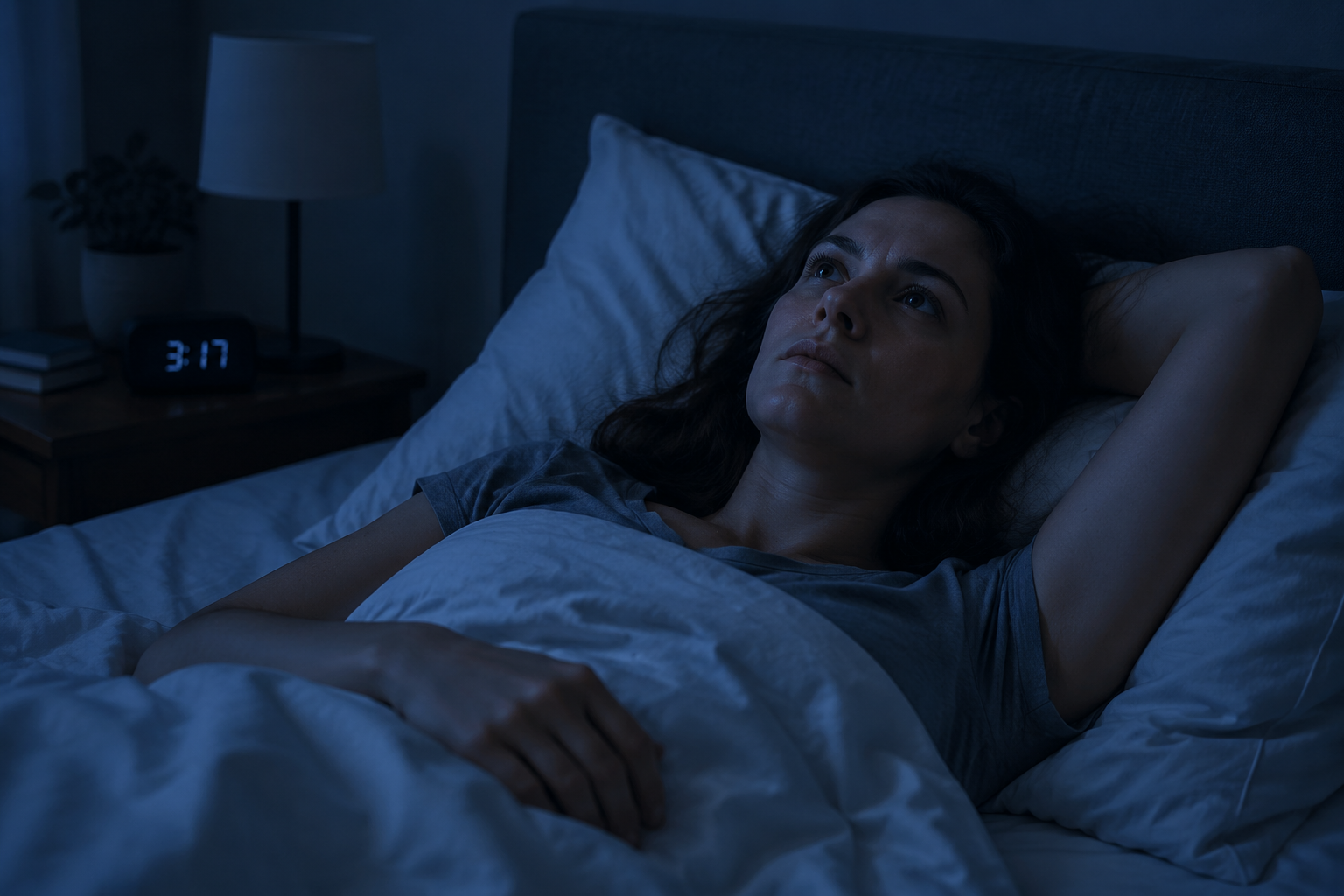 Person awake in bed at night looking at the ceiling