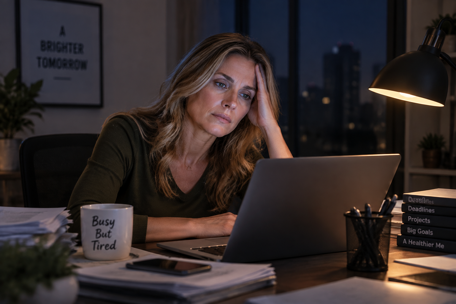 Person working late at a desk