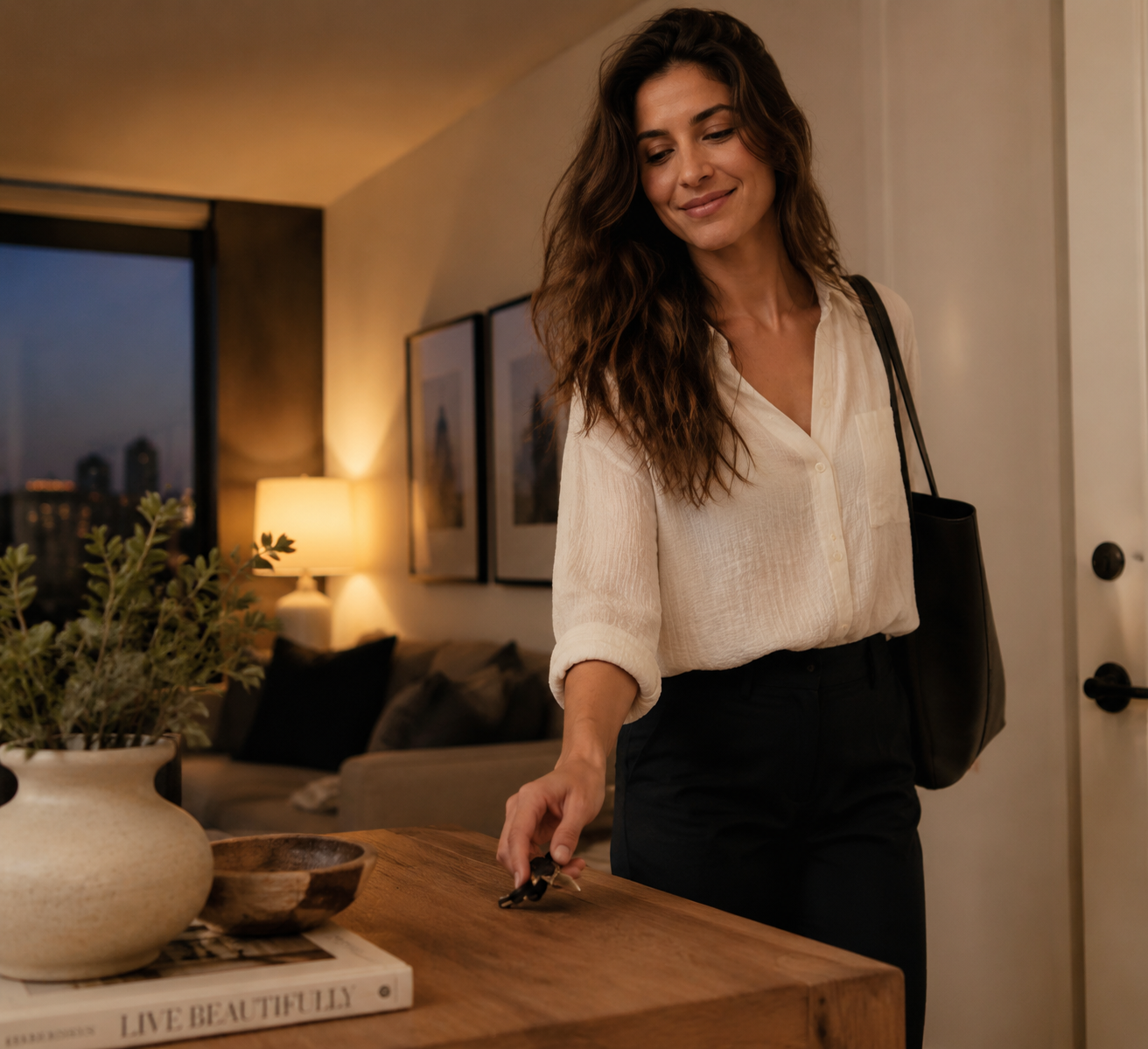 Woman arriving home late in the evening