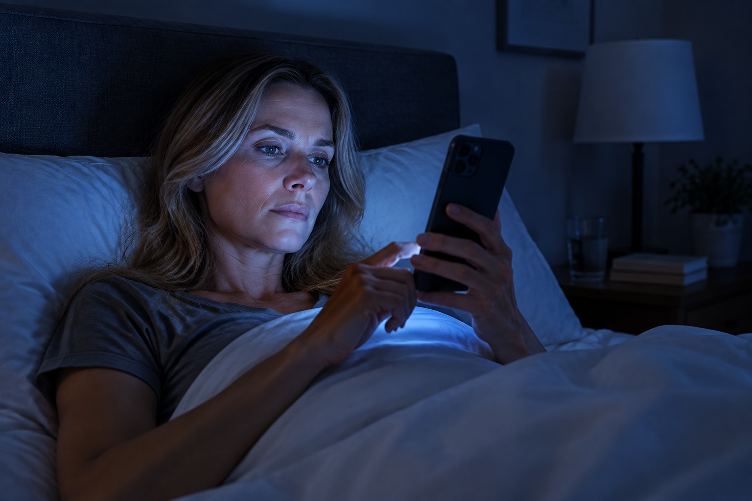 Person using a phone in a dark bedroom