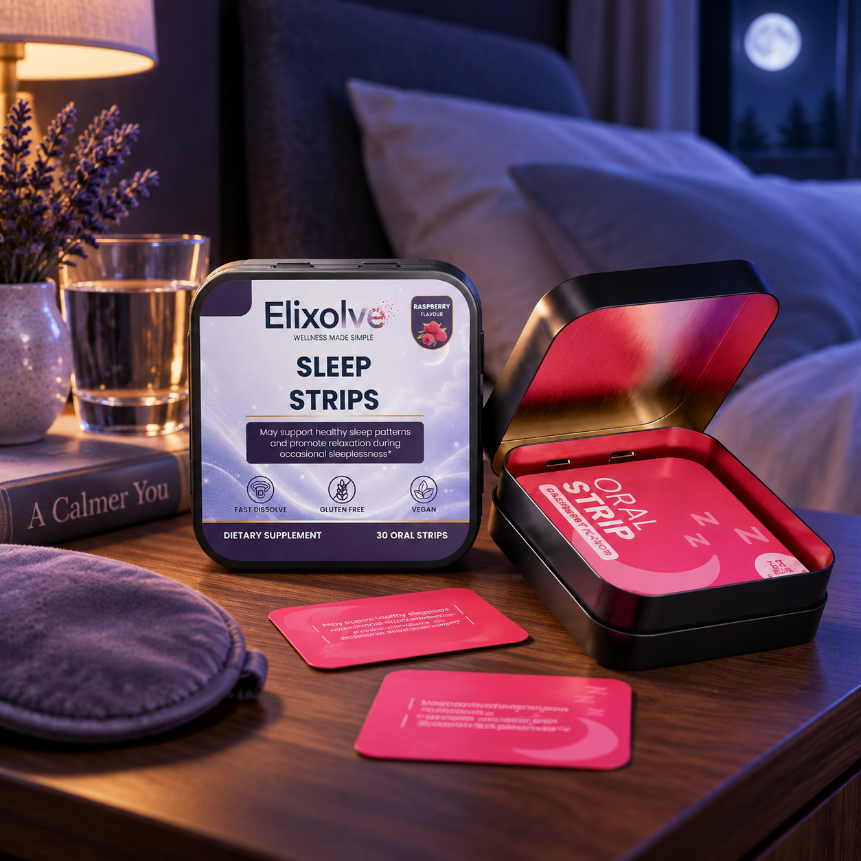 Elixolve Sleep Oral Strips tin on a bedside table