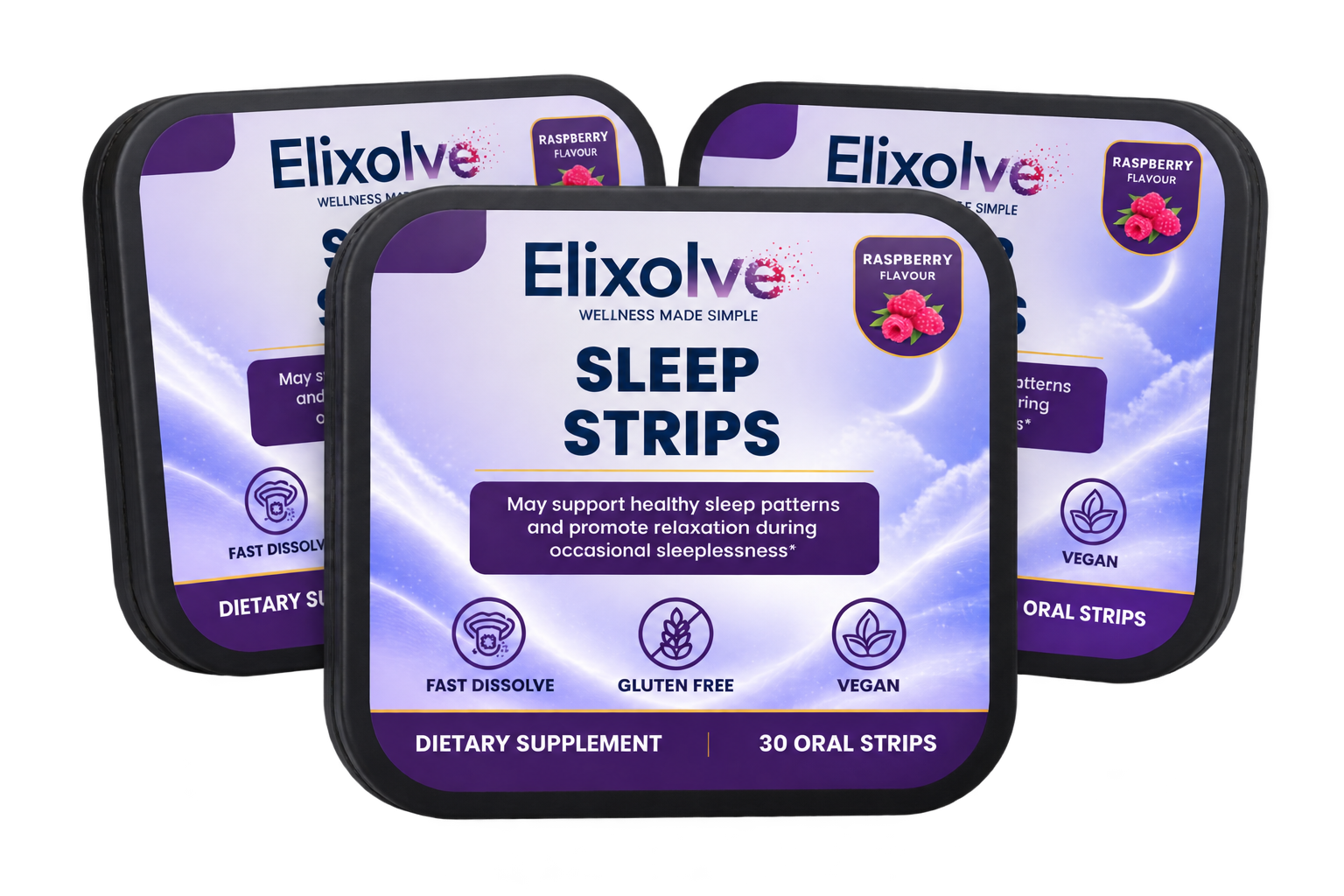 Three Elixolve Sleep Oral Strips tins