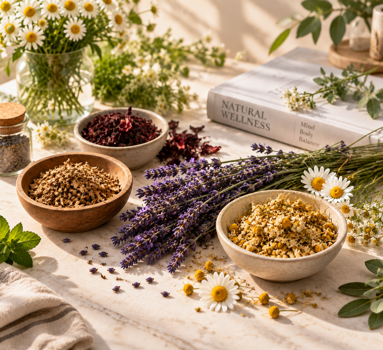 Bowls of valerian root, hibiscus, chamomile and fresh lavender on a sunlit table
